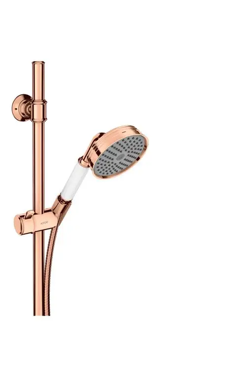AXOR Duschset mit Handbrause, verchromtem Halter und Schlauch. Der Wasserstrahl ist durch die Düse regulierbar. Standardmontage an Wand.